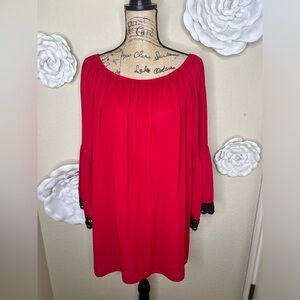 NTM Pretty Semi Sheer Red Flowy Blouse w/ Black Crochet Trim Bell Sleeves Sz XL